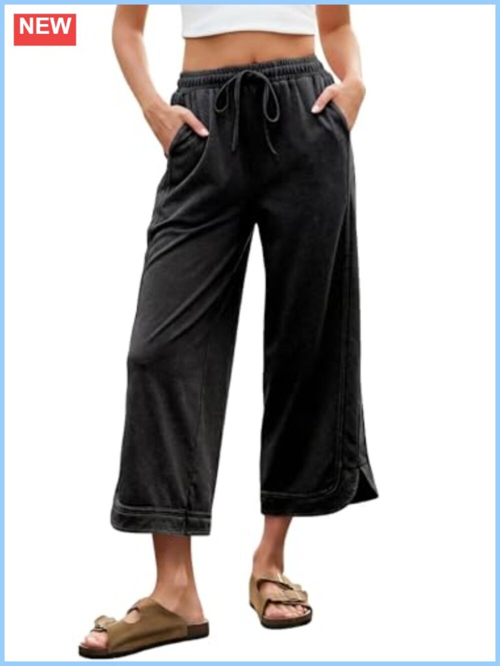 Women's Acid Wash Wide Leg Cropped Capri Sweatpants High Waist Drawstring